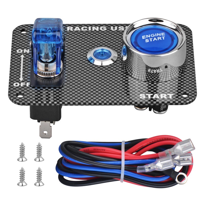 Jtron DC12V Racing Car Ignition Switch Panel Carbon Fiber Rocking Switch+Engine Start Push Button with Blue Indicator Light (Blue) - Image 3